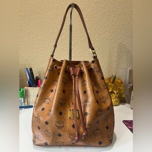 MCM VINTAGE COGNAC VISETOS DRAWSTRING HANDBAG